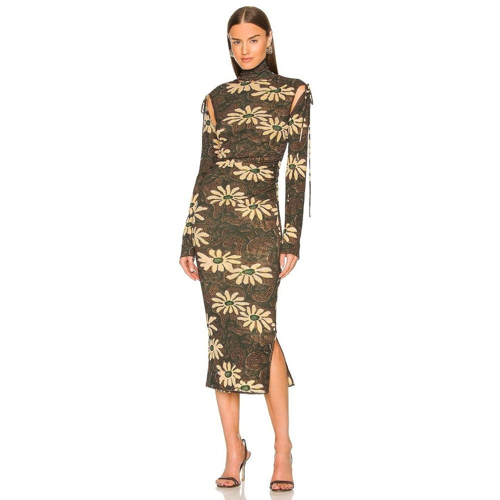 Nanushka Aleid Printed Floral Cut Out Midi‎ Dress Medium Revolve Designer Retro